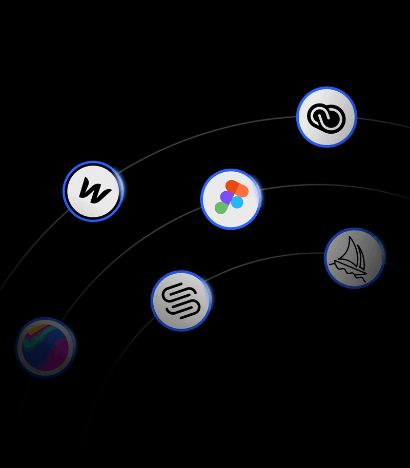 Orbiting design-tool logos: Webflow, Figma, Squarespace, Spline